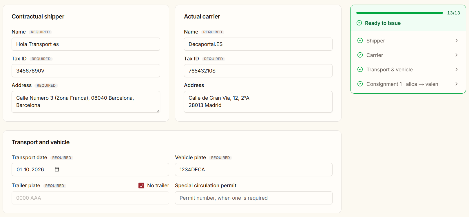 The DeCA form in app.decaportal.es showing “Ready to issue 13/13”