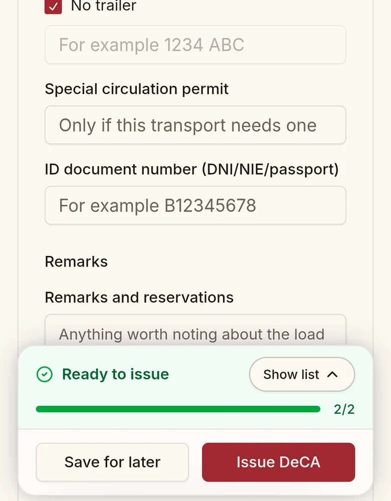 A driver completing the DeCA details on their phone, showing “Ready to issue”