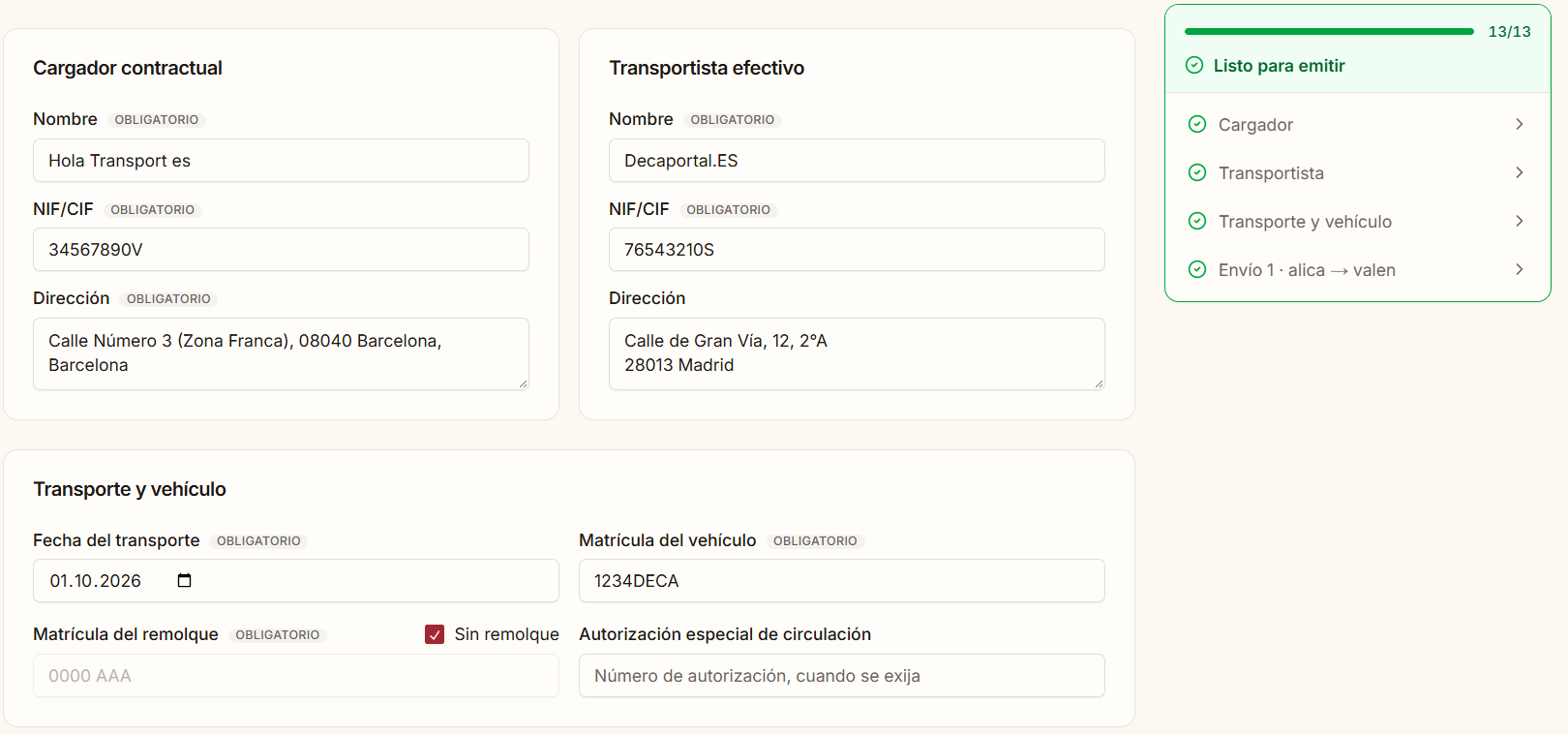 Formulario del DeCA en app.decaportal.es con el aviso «Listo para emitir 13/13»