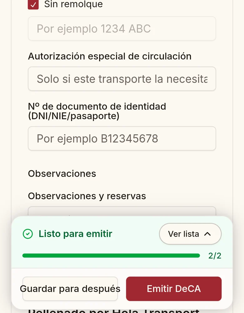 Conductor completando los datos del DeCA en el móvil, con el aviso «Listo para emitir»