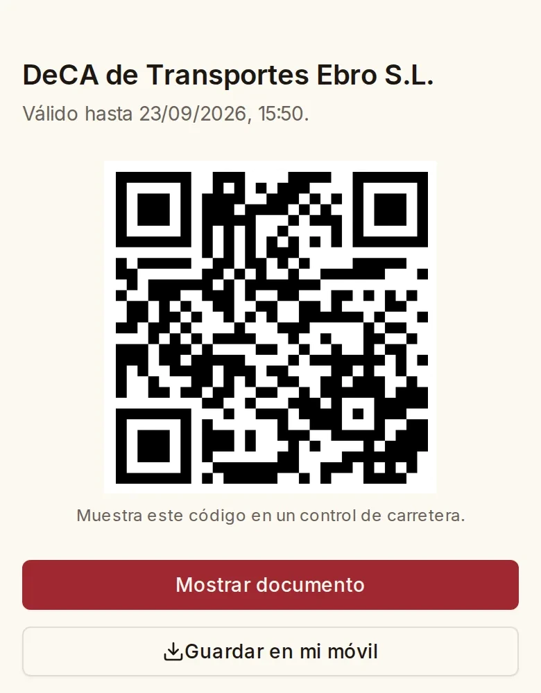 DeCA abierto en el móvil de un conductor con su código QR